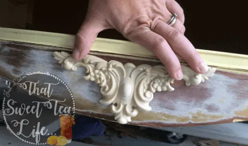 Appliques can take a worn out piece and make it new again! #thatsweettealife #furnitureappliques #furniturepainter #paintedfurniture #furnituremakeover