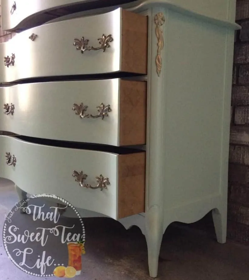 French_Provincial_Chest-rescued furniture Modern_Masters_Gold-stenciling-Appliques can take a worn out piece and make it new again! #thatsweettealife #furnitureappliques #furniturepainter #paintedfurniture #furnituremakeover