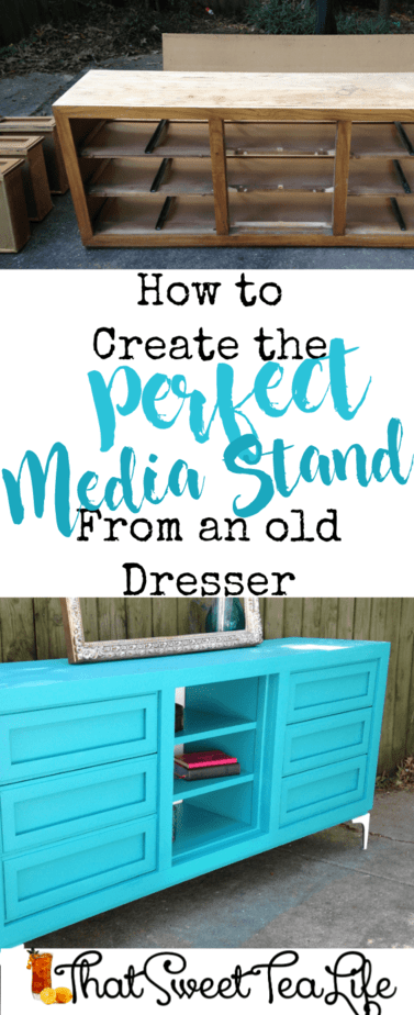 Create a media stand you love from an old dresser! Its so easy! All the dirty details are here! #dresserconversion #repurposedresser #Olddressersideas #howtoputashelfinadresser #convertdresserdrawerstodoors #howtorepurposeadresserwithoutdrawers #howtoturndresserdrawersintoshelves #howtoturnadresserintoabookcase #repurposeddressertvstand