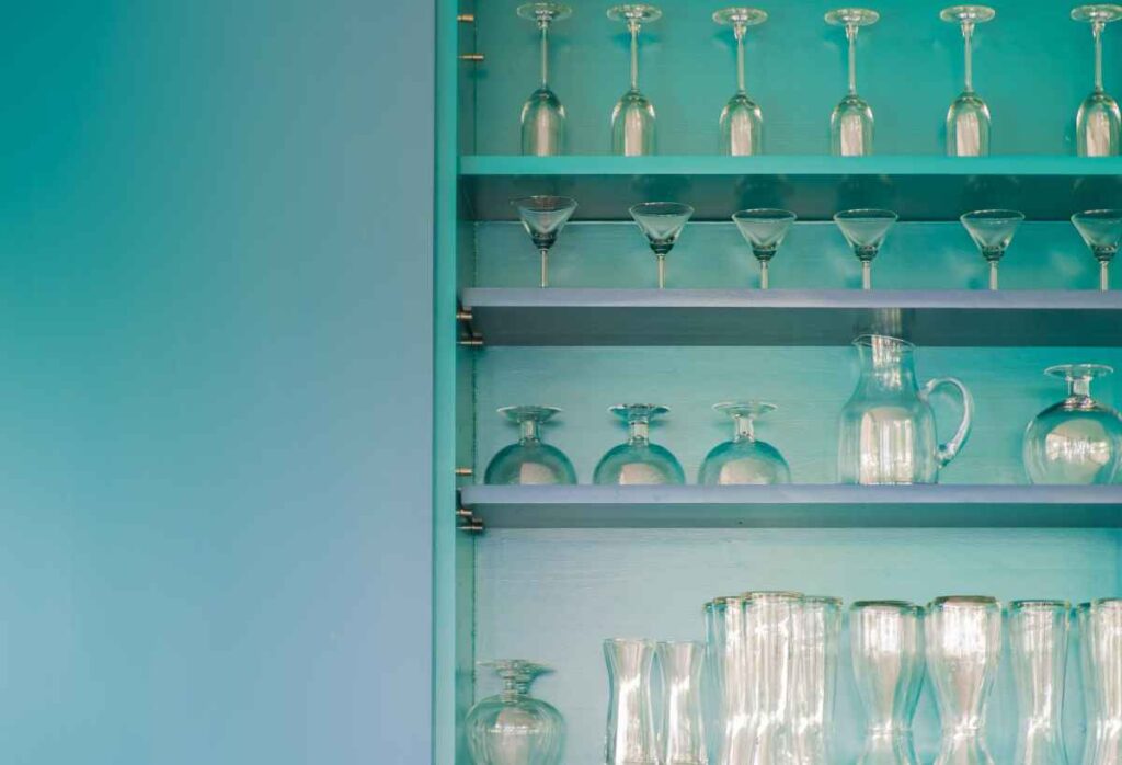 Rustic Blue Kitchen Shelves with Glassware