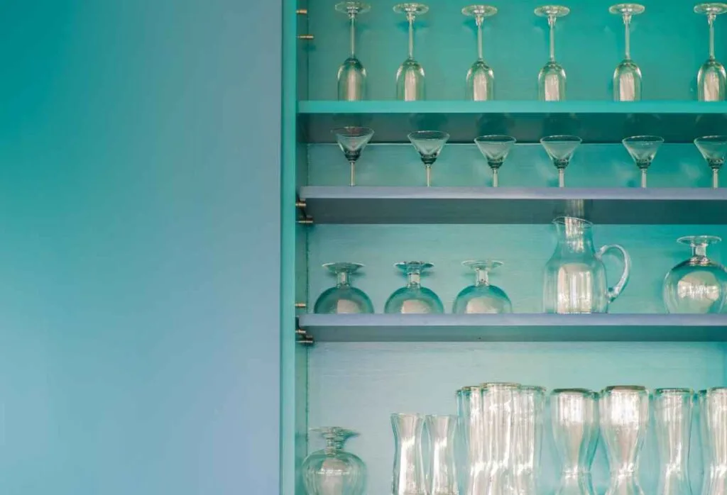 Rustic Blue Kitchen Shelves with Glassware