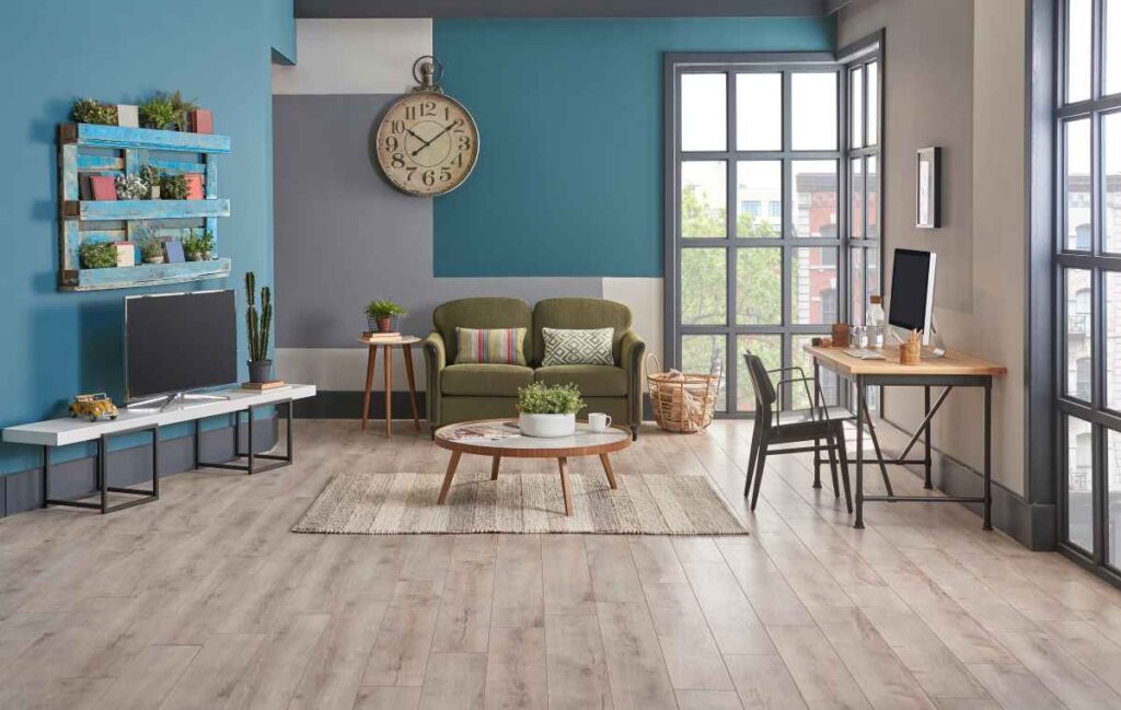 Living Room with Rustic Blue Paint walls