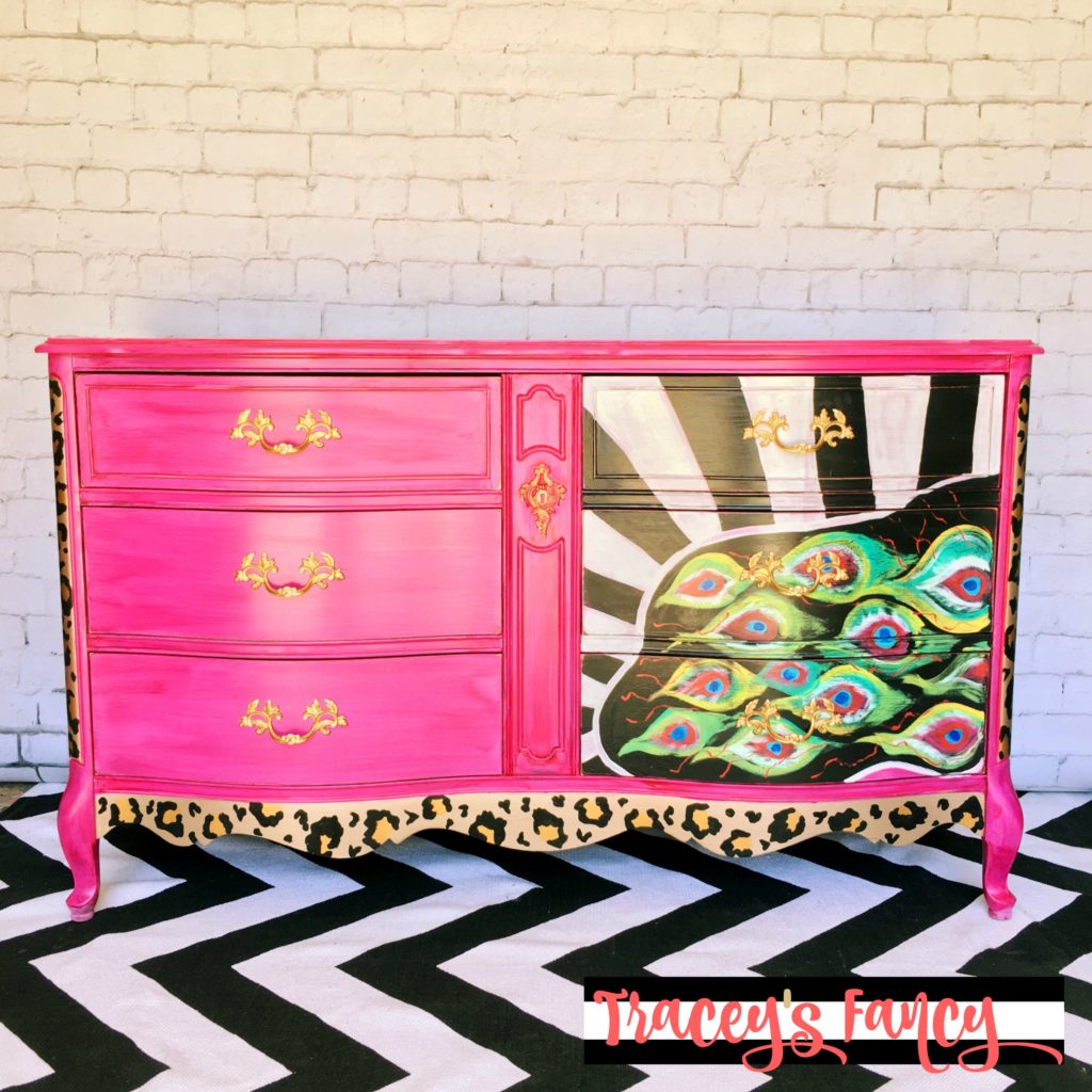 Pink and gold painted furniture-Peacock-Dresser Pink and Gold Painted Furniture Makeovers to get you inspired! #PinkPaintedFurniture #shabbychic #pale #girls #blush #rose #hotpink #blushpink via @thatsweettealife