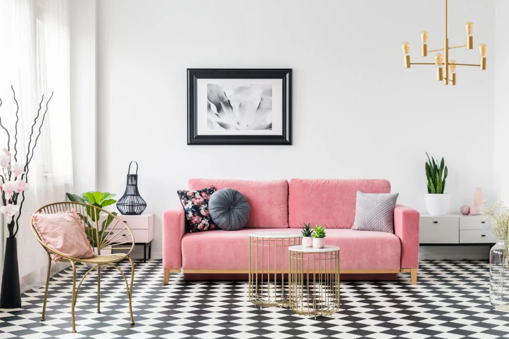 Retro living room with pink and gold accents