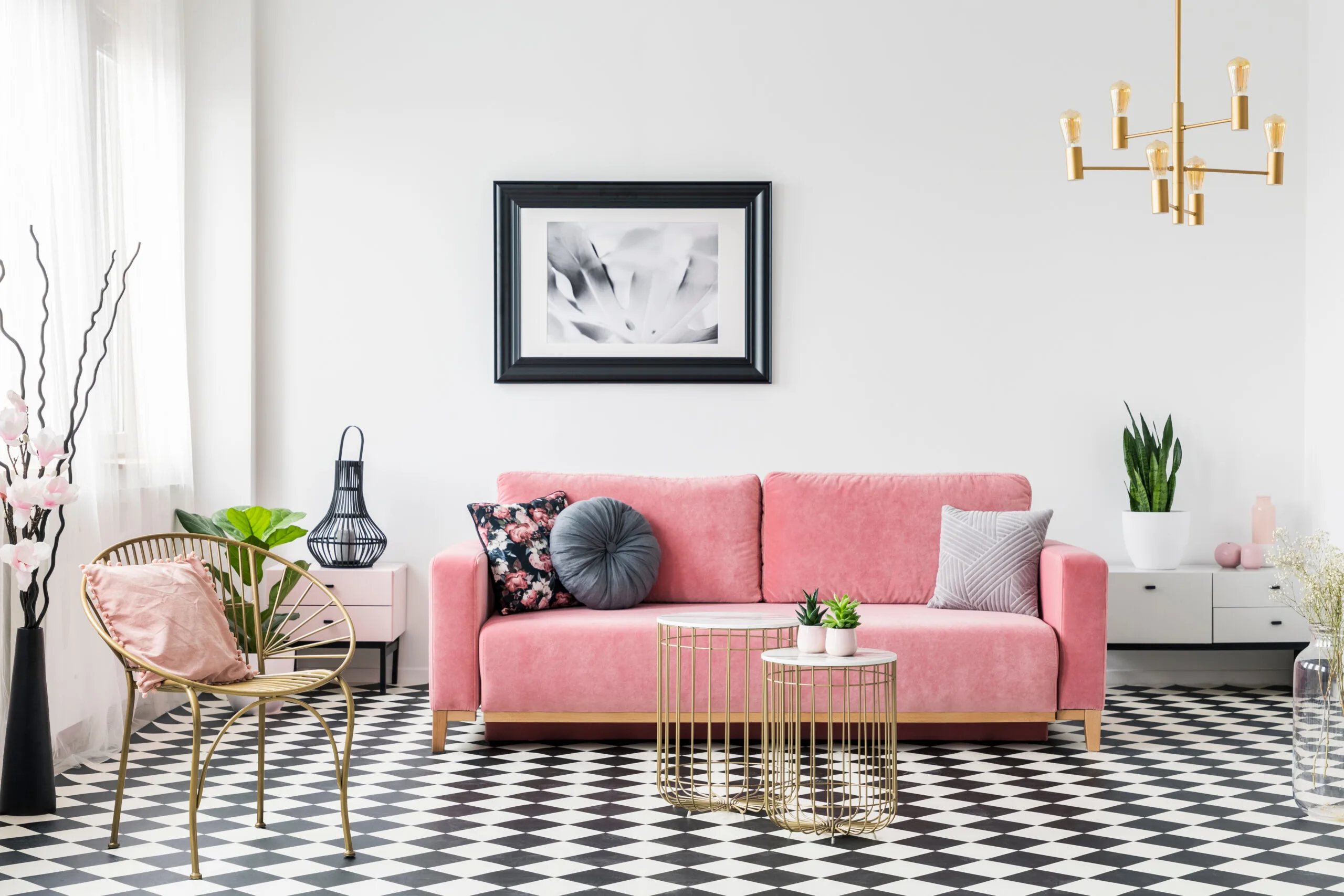 Retro living room with pink and gold accents