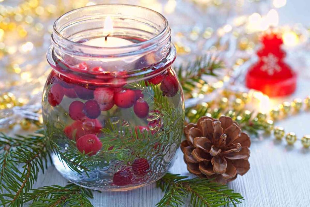 Mason jar cranberries and floating candle