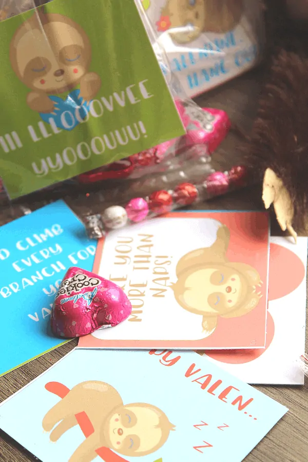 sloth valentines and candy to make goodie bags