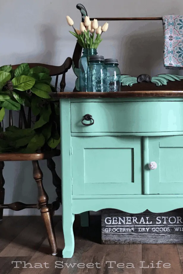 Dixie Belle Paint | Gorgeous furniture Makeover using Dixie Belle Mint Julep | Antique Wash Stand Makeover | furniture makeover | painted furniture | chalk painted furniture | green furniture | refurbished furniture | home decor | home decor ideas | painted dressers
