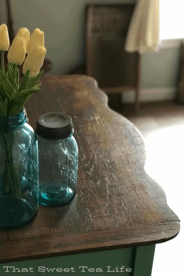 Dixie Belle Paint | rustic finish on a solid wood top after removing veneer | Antique Wash Stand Makeover | furniture makeover | painted furniture | chalk painted furniture | green furniture | refurbished furniture | home decor | home decor ideas | painted dressers