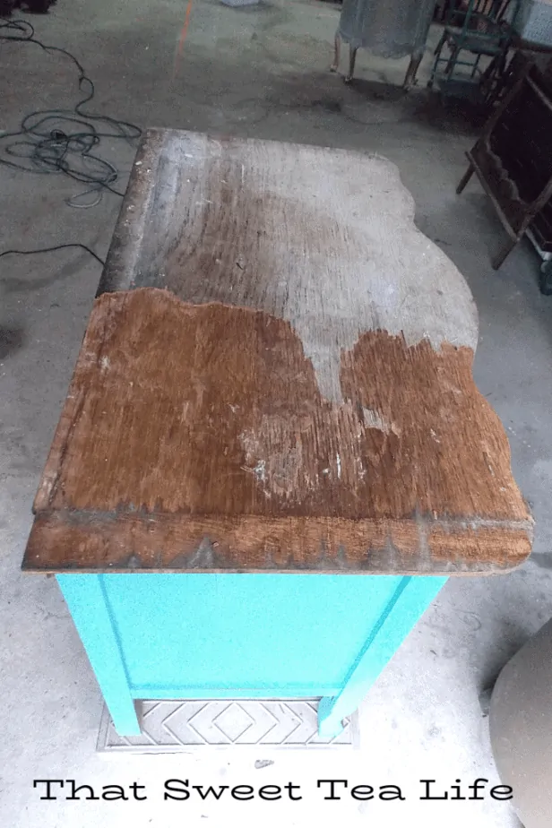 Before and after removing old veneer. Its easier than you think! | Antique Wash Stand Makeover | furniture makeover | painted furniture | chalk painted furniture | green furniture | refurbished furniture | home decor | home decor ideas | painted dressers