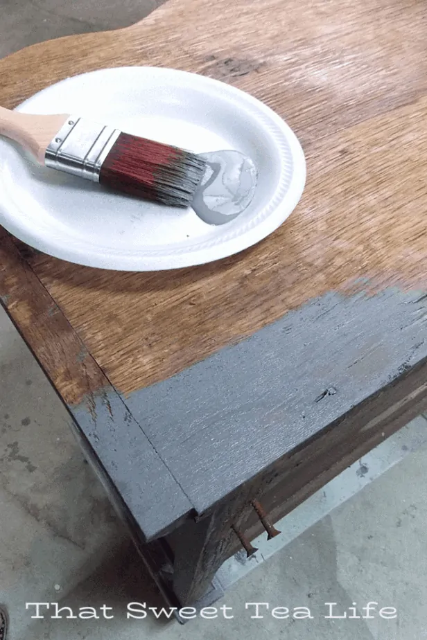 Dixie Belle Paints Voodoo gel stain on wood furniture for a driftwood style look! | voodoo gel stain | Antique Wash Stand Makeover | furniture makeover | painted furniture | chalk painted furniture | green furniture | refurbished furniture | home decor | home decor ideas | painted dressers