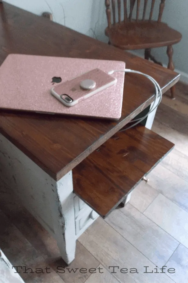 charging station on repurposed furniture
