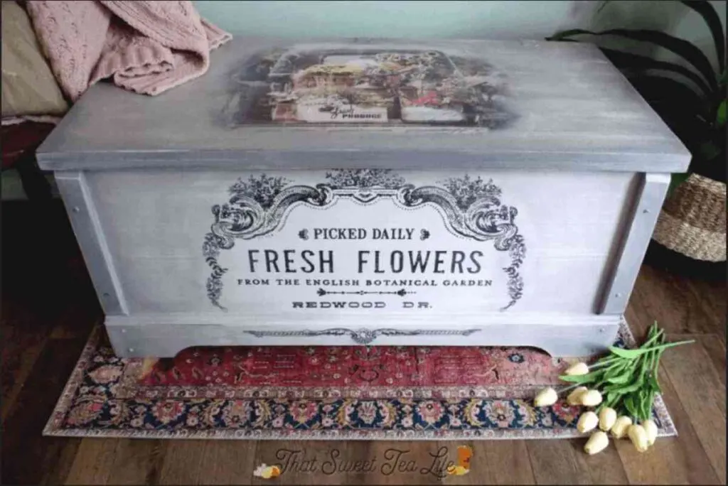 Embellish painted furniture. white stenciled trunk