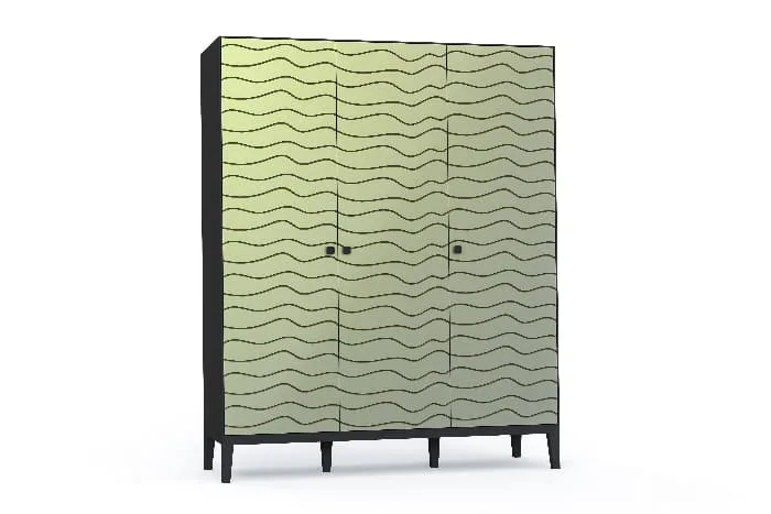 A 3D rendered illustration of a wardrobe painted light sage green with thin black wavy lines running horizontally across the front of the piece.