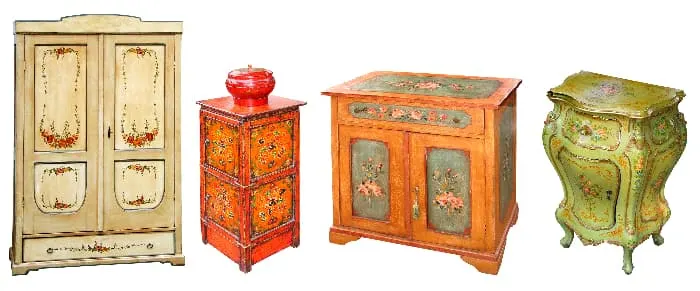 Four elaborately painted dressers in antique white, red, varnished wood, and pale green.