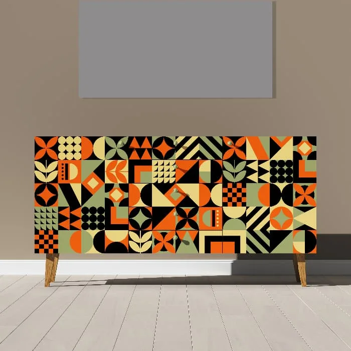 A rendered illustration of a painted dresser with squares of pop art designs in orange, brown, tan, and sage green colors.