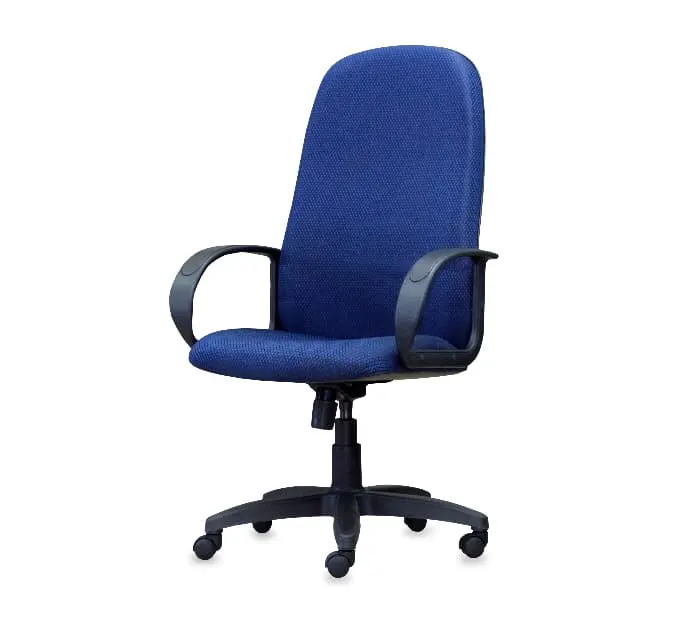 An office chair in blue fabric.