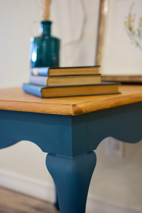 blue end table with natural top