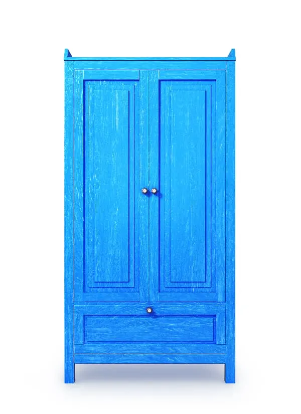A rendering of a classic armoire in a bright blue color -- a fun example of blue furniture for home decor.