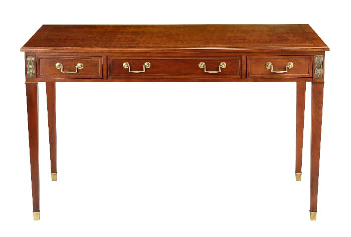 Dark wood farmhouse desk in delicate modern style.