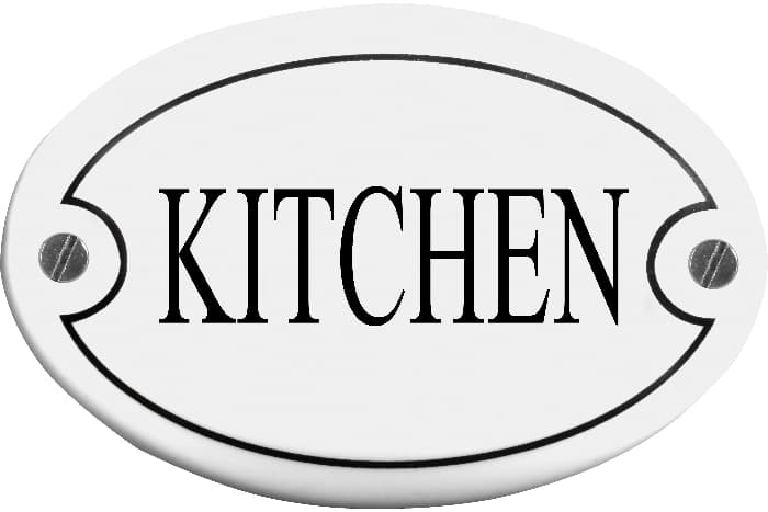 An oval white farmhouse kitchen sign reading "KITCHEN" is crisp black letters.