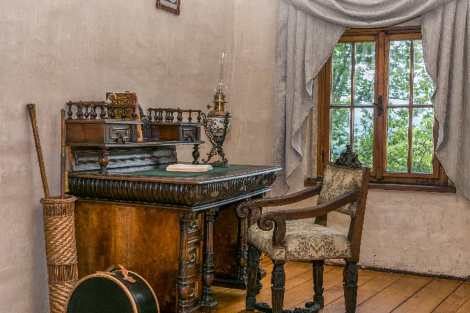 Ornate, medieval-style farmhouse desk.