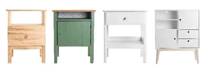 Four end or side tables painted in solid colors.