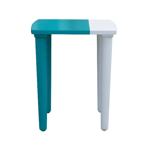 An Uber Modern painted table against a white background. An end table asymmetrically painted in two different colors -- dark teal on the left side and light blue on the right.