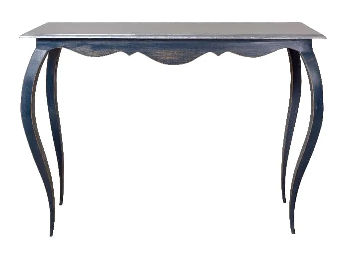 A curved painted table in a soft gray color.