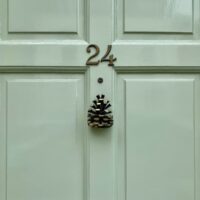 Exterior front door in pale green with metal pinecone shaped door knocker and metal house number.