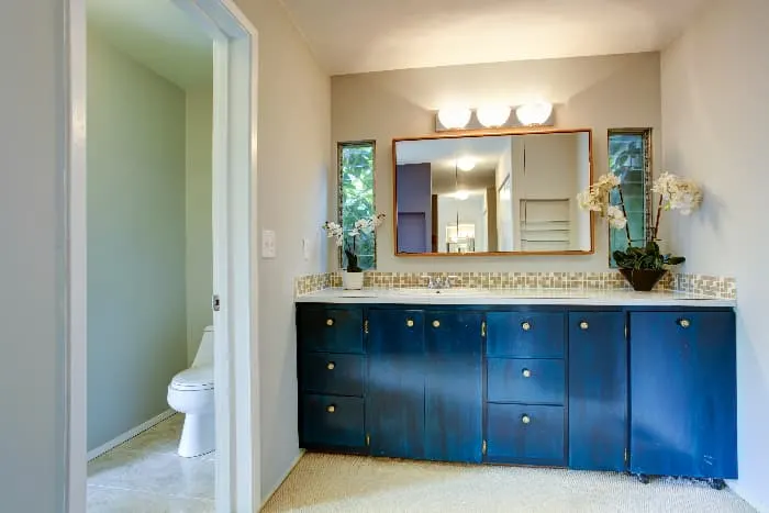 Bathroom with cabinets painted Royal Blue.
