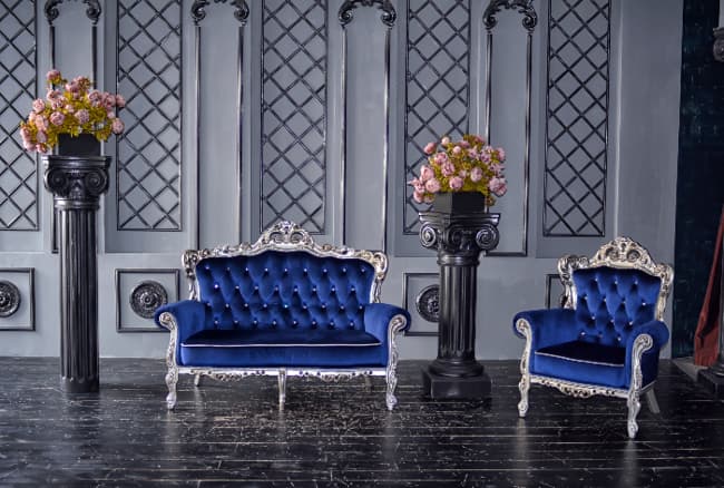 Couch and chair in Royal Blue fabric.