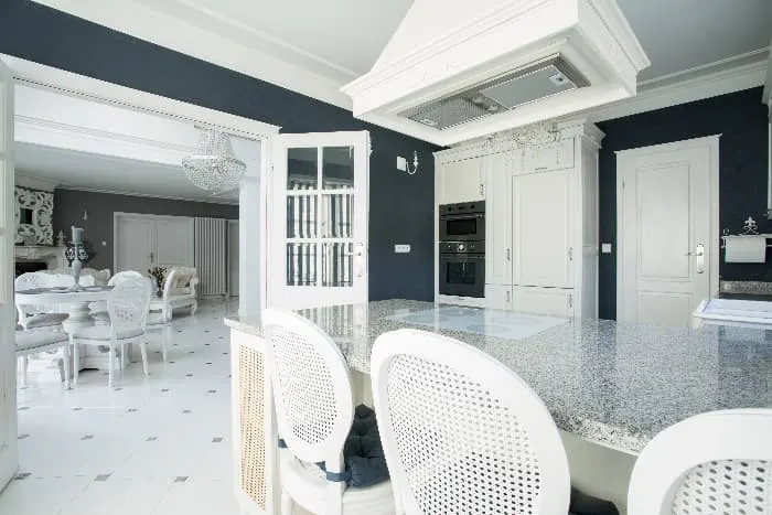 Kitchen with white cabinetry and walls painted Royal Blue.