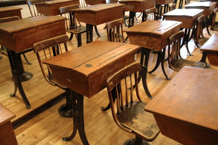 Room of schoolhouse desks.