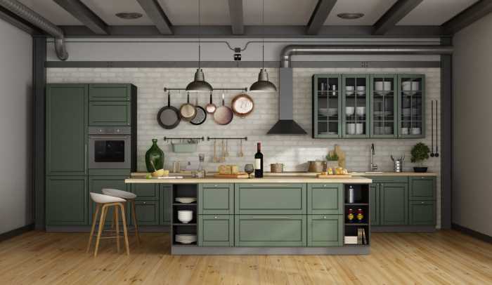 green kitchen island and cabinets
