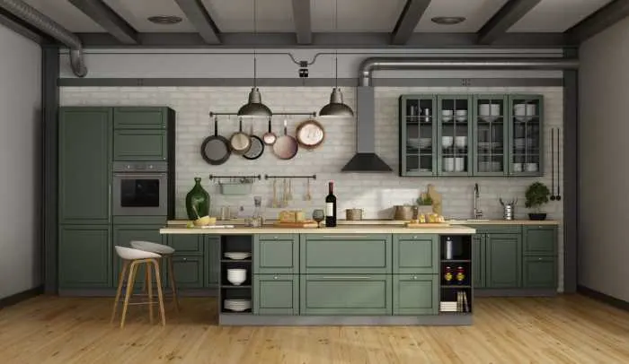 green chalk painted modern kitchen