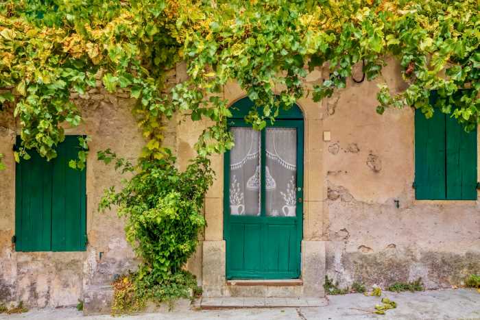 phthalo green painted doors and shutters.