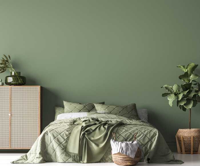 moss green inspired boho style bedroom