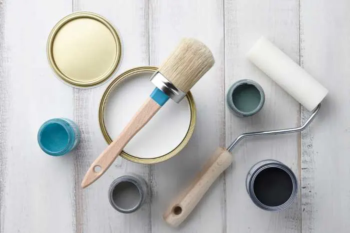 chalk paint, brushes, rollers, and sealants
