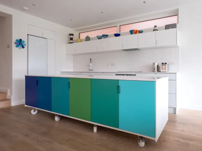 View of a modern kitchen island with painted cabinet doors. Being able to get a smooth finish with chalk paint means chalk paint can be used even for projects calling for a sleek, modern look.