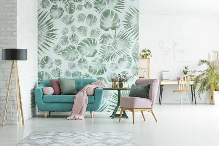 Palm leaf wallpaper in a room