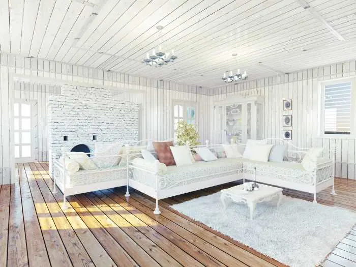 room with white wood panel ceiling to illustrate the affect this white wallpaper would create.