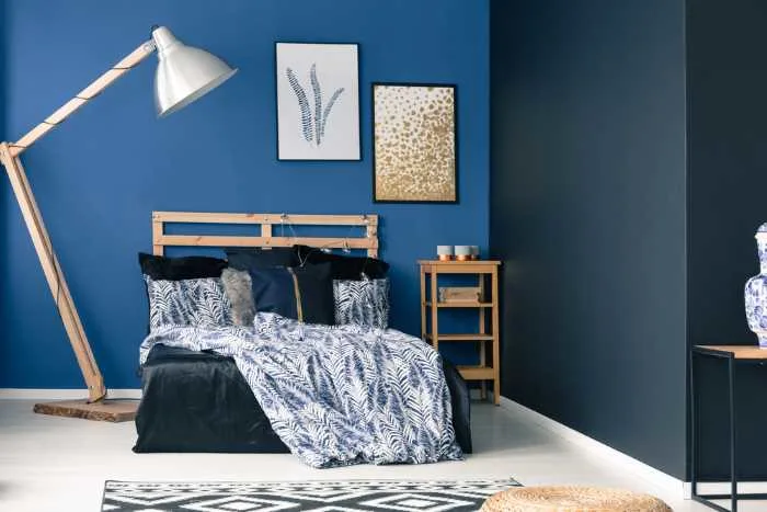 black accent wall in a blue bedroom