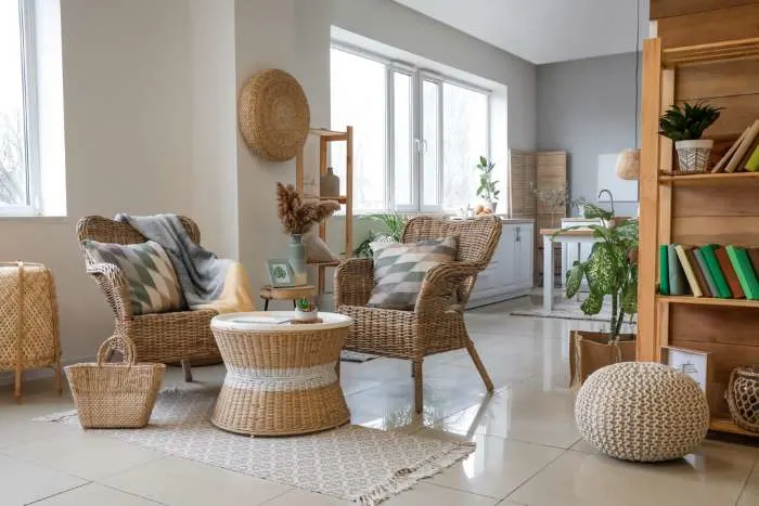 room with wicker furniture