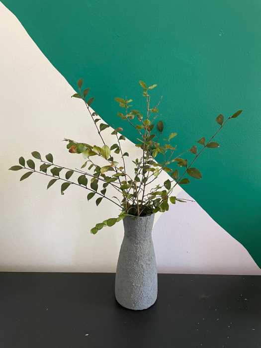 finished vase with greenery in it. 