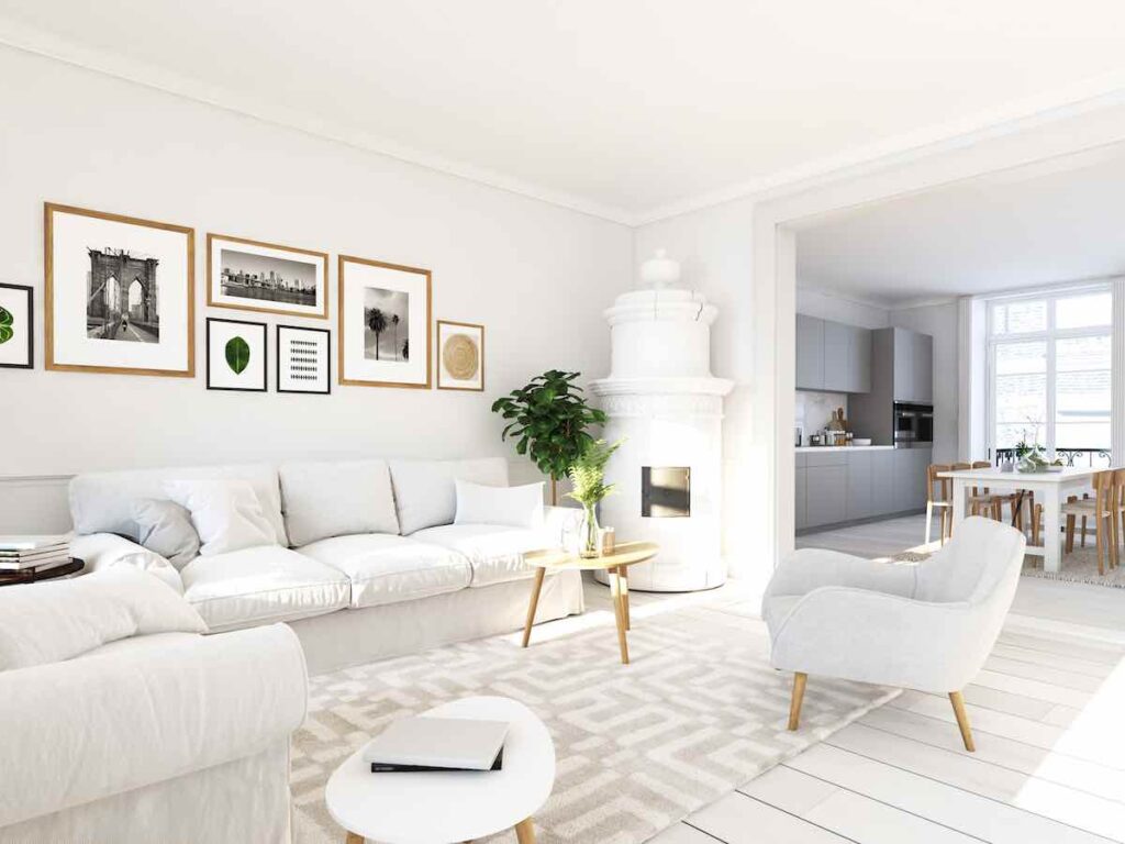 White sofa living room with wall art