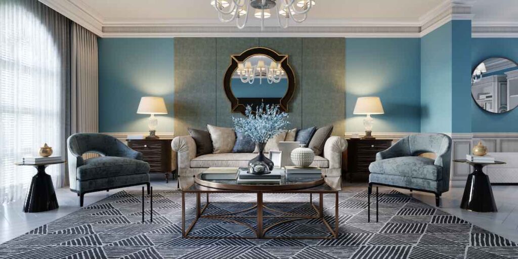 Blue and white living room