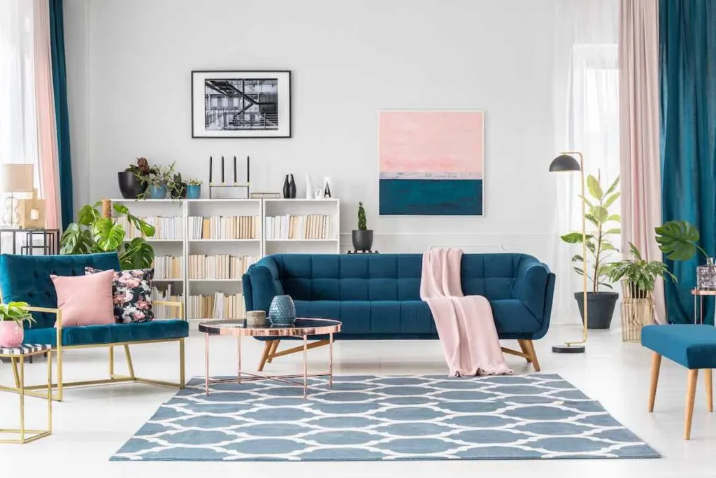 Whimsical blue and white living room