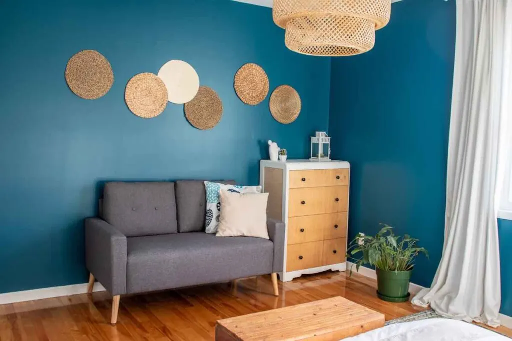 Teal and brown living room