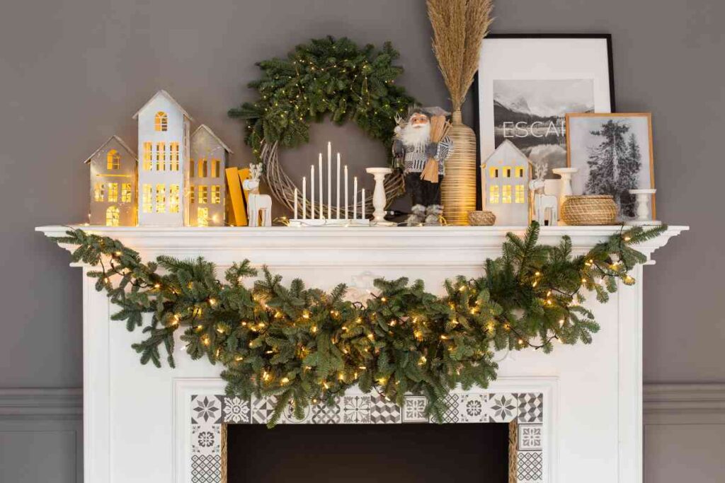 Fireplace Mantel Decorated for Christmas